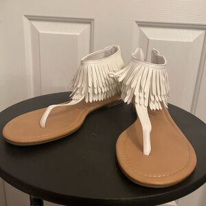 White Fringe T Strap Sandal Size 9